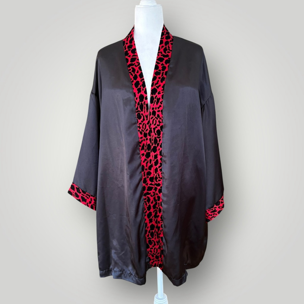 Vintage Black Satin Robe Red Leopard Trim One Size